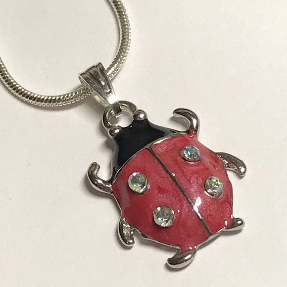 Ladybug Pendant Necklace Crystal Silver Plated 18" Chain Insect Red Enamel - Picture 9 of 12